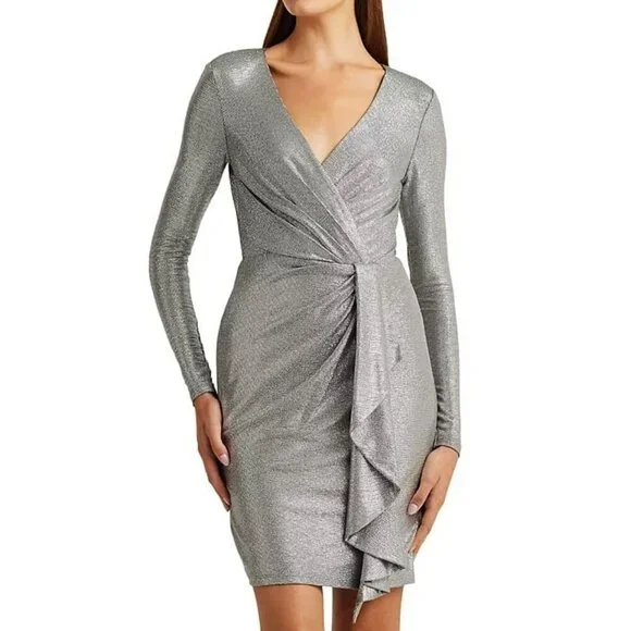 Ralph Lauren Womens Metallic Knit Surplice Cocktail Dress Size 8 (MSRP  $245) Mini